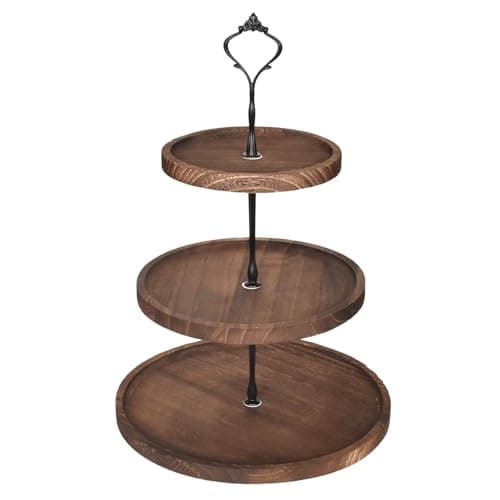 Image of Wooden Cupcake Stand, Vintage Wooden Dessert Display Stand, Tiered Round Wood Cake Plate, Serving Tray Platter with Metal Handle Pastry Serving Tray for Chiristmas Wedding Birthday Tea Party (3 Tier)