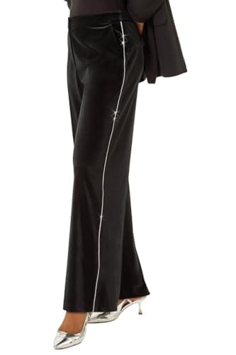 Image of Roman Originals Velvet Diamante Side Trim Trouser for Women UK - Ladies Everyday Autumn Winter Comfy Soft Evening Vacation Work Party Night Out - Black - Size 18