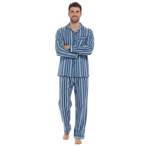 Image of INSIGNIA Mens Reactive Dye Flannel Pyjamas 100% Cotton (UK, Alpha, XXL, Regular, Regular, New Blue Stripe)