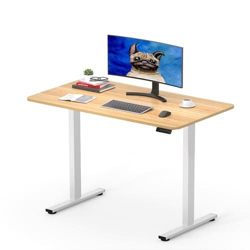 Image of SANODESK 100 x 60cm Electric Standing Desk ONE PIECE Height Adjustable Desk Sit Stand Table Home Office Desk with Memory Smart Pannel for Work (White Frame+ Maple Desktop)