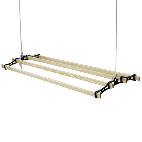 Image of Gr8 Home Black Cast Iron Wooden Hanging 118cm Retro Vintage Antique 4 Lath Slat Victorian Edwardian Clothes Horse Creel Airer Dryer Kitchen Rack Ceiling Pulley Laundry Drier