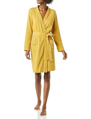 Image of Amazon Essentials Women's Lightweight Waffle Mid-Length Dressing Gown (Available in Plus Size), Mustard Yellow, XS