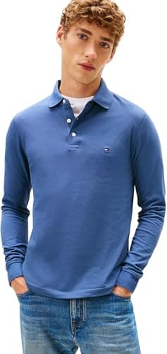 Image of Tommy Hilfiger Men’s Slim Basic Long Sleeve Polo Shirt, Blue (Aegean Sea), XL