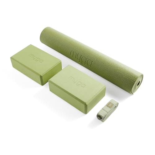 Image of Myga Yoga Starter Set – Yoga Mat, 2 Yoga Blocks & Strap with Metal D-Ring – Non-Slip Yoga & Pilates Kit for Home Workouts & Fitness – Lightweight & Durable | 173cm x 61cm x 4mm (Moss)