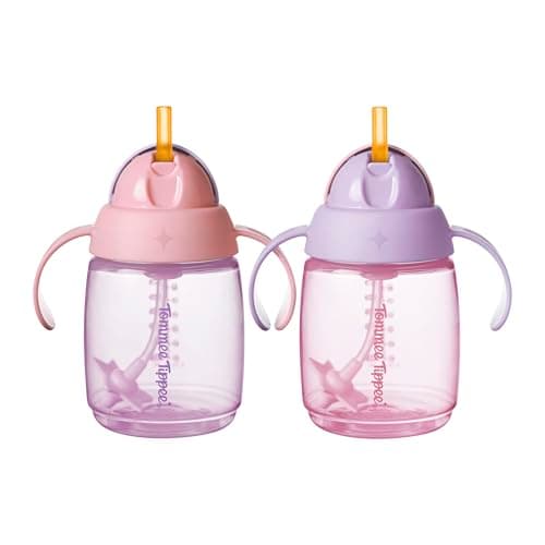 Image of Tommee Tippee Trainer Straw Cup, 240ml, Easy Transition Toddler Cup for 6 Months+, with Silicone Weighted Straw and Easy-Hold Handles, Pink and Purple, 2 Pack