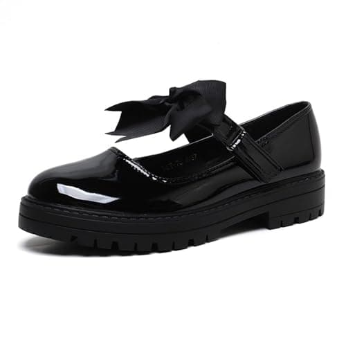 Image of Girls Black Mary Jane School Shoes with Bow On Strap - Toddler Kids Back to School Comfortable Anti-Slip Uniform Flat Shoes UK (Black, UK Footwear Size System, Big Kid, Women, Numeric, Medium, 3)