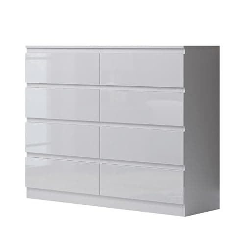 Image of FWStyle White Gloss XL 8 Drawer Chest. Modern Bedroom Furniture Chest of Drawers.Matt White with White Gloss Drawer Fronts - W110 x H99 x D40cm