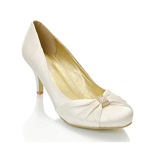 Image of New Womens Low Heel Satin Diamante Buckle Ladies Bridal Evening Party Prom Bridesmaid Court Shoes 3-8 (UK 7 / EU 40 / US 9, Ivory Satin)