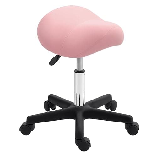 Image of FXLUHAY Saddle Stool, PU Leather Adjustable Rolling Salon Chair with Steel Frame for Massage, Spa, Beauty and Tattoo,(Pink)