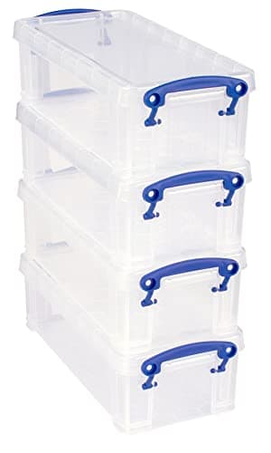 Image of Really Useful Box Plastic Storage 0.9 Litre Clear (Pack of 4), external: 22 x 10 x 7 cm, internal: 18.5 x 8 x 6 cm