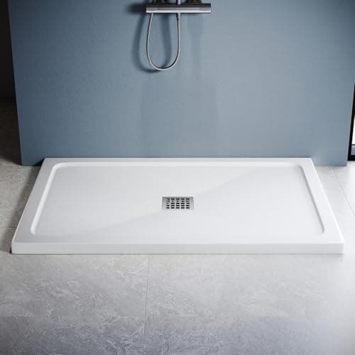 Image of ZANOFIRA 1200 x 900mm SMC Shower Tray White Anti-Slip Stone-Effect Finish Slimline 40mm Lightweight Shower Base with 90mm Waste Trap & Stainless Steel Drain Cover for Enclosure & Wet Room