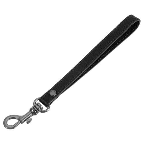 Image of sourcing map Leather Wristlet Strap, 20cm/7.87" Long Keychain Hand Strap, Leather Replacement Wrist Strap for Purse, Clutch, Wallet, Keychain Bag (Black Leather, Black Clasp)