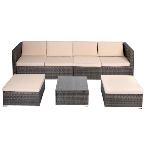 Image of Panana 6 Seater Rattan Garden Furniture Set, Wicker Patio Lounge Sofas with Table Stools Sectional Modular Combination for Conservatory Outdoor Balcony (Mixed Grey Rattan with Beige Cushions)