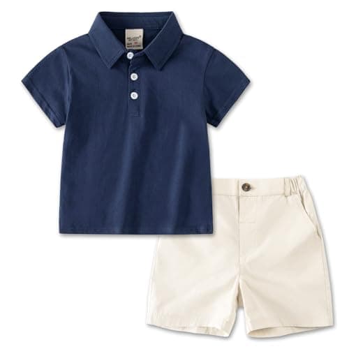 Image of Volunboy Toddler Boys Summer Clothes, Short Sleeve Polo Shirt Tops & Shorts Activewear Casual Sport Outfits 1-6 Years(Solid Navy,5-6 Years,Tag Size 130)