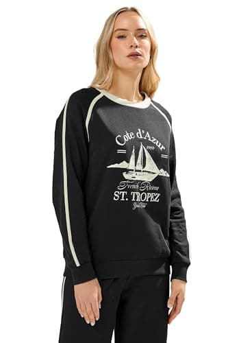 Image of Long Tall Sally - Lts Tall 'Cote D'azur' Slogan Pipe Detail Sweatshirt - Women's Black