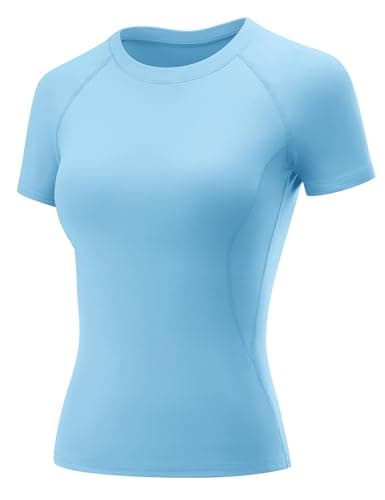 Image of Rapbin Women's Seamless Short Sleeve Shirts Breathable Running Yoga Plain Top Stretchy Sport Gym Fitness Basic T-Shirt Light Blue L