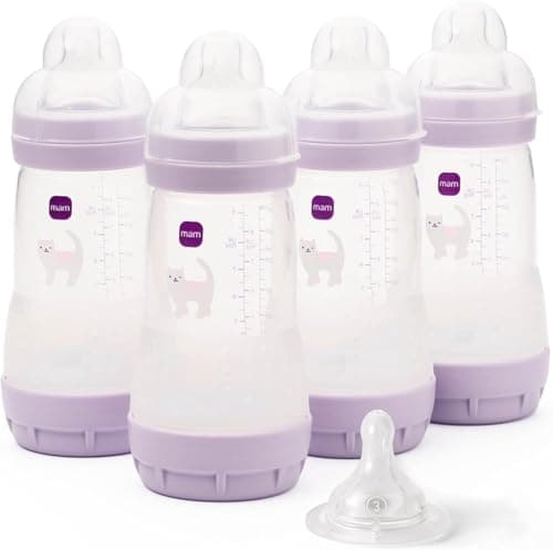 Image of MAM Easy Start Anti-Colic Baby Bottles | 4 Pack (4X 260ml) | Self-Sterilising Baby Milk Bottle | Medium Flow MAM Teats Size 2 + 1x Fast Flow Teat Size 3 | Iris (Various Designs)