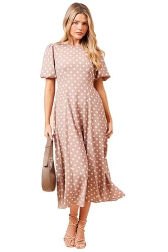 Image of Dorothy Perkins Spot Seamed Body Puff Sleeve Midi Dress, 12, Beige