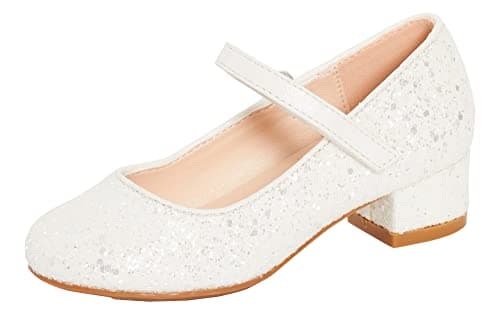 Image of Lora Dora Girls Faux Leather Low Block Heel Party Shoes Ivory Glitter 1 UK