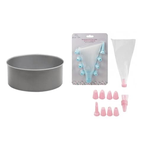 Image of JMS WE CREATE SMILE - 23cm Deep Loose Base Cake Tin + Reusable Piping Bag Set with 8 Nozzles (Random Colour) | Non-Stick Baking Tin for Cheesecakes, Sponges & Pastry for Beginner Bakers.