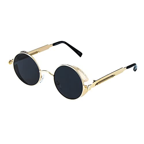 Image of Ultra Steampunk Sunglasses Round with Side Shields - UV400 Protection, Vintage Retro Goggles for Men Women, Festival Cyber Goth Rave Glasses - Gold with Black Lenses