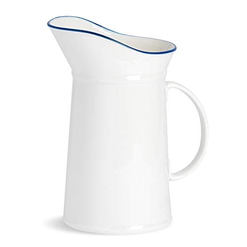 Image of Nicola Spring Farmhouse 1 Litre Water Jug White & Blue Porcelain Rustic Country Cottage Pitcher with Rolled Rims, Comfort Handle & Tapered Spout