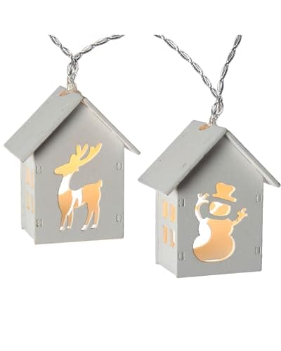 Image of WeRChristmas Reindeer and Snowman Wooden House Light String with 10-LED - White