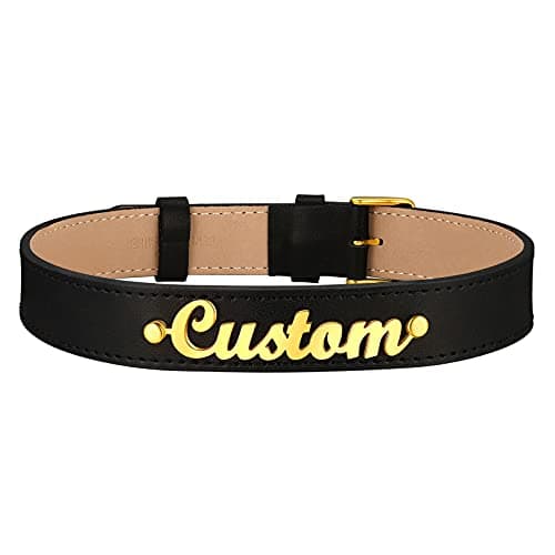 Image of FOCALOOK Womens Choker Necklace Gold Plated Name Engraved Pendant Black Leather Necklaces Punk Biker Jewellery for Girls Ladies