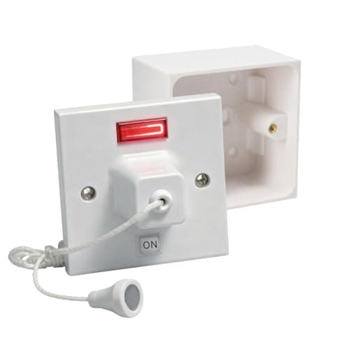 Image of AXIOM 45A 2 Way Shower Ceiling Pull Cord Switch with Mechanical & Neon Indicator & 35mm/45mm Mounted Surface Pattress Back Box (With 45mm Pattress Box)