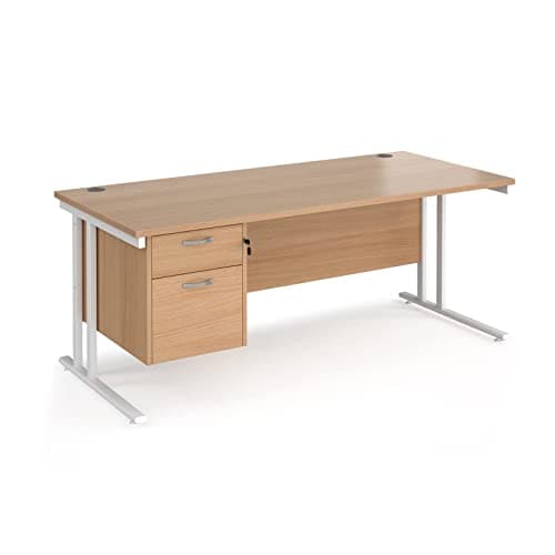 Image of Maestro 25 Rectangle Desk 800 mm Deep with Single 2 Drawer Fixed Pedestal & White Cantilever Leg, Beech, 180 cm