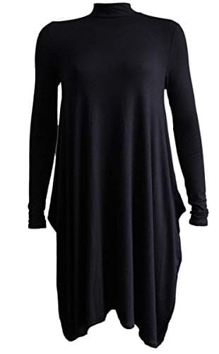 Image of STAR FASHION Womens Ladies Polo Neck Hanky Hem Swing Dress Long Sleeve Flared Skater Turtle Roll Neck Oversize Lagenlook Baggy Loose Top Dresses | UK-8-26 Black