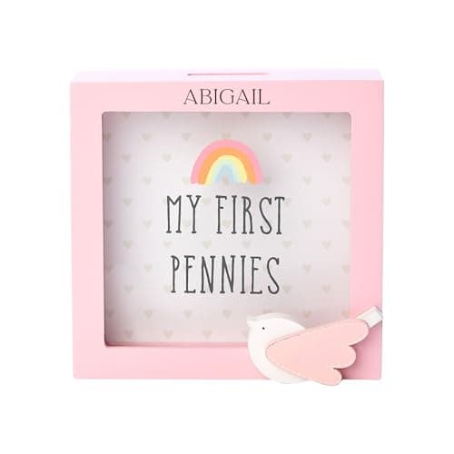 Image of Personalised First Pennies Money Box Frame, Baby Piggy Bank with Rainbow Design, Pink