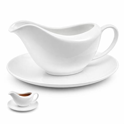 Image of STOBAZA Ceramic Gravy Boat with Saucer 6Oz, White Porcelain Sauce Pot, Serving Jug for Gravies Sauces Dressings Cream Kitchen Restaurant Table Condiment Serving Dish, 6.68X5.89X2.67in