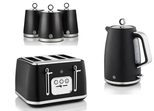 Image of Swan Serenity Black 1.7L 3KW Kettle, 4 Slice Toaster and Tea, Coffee, Sugar Canisters. Contemporary Design Matching Swan Kitchen Set of 5 with a Sleek Matte Black Finish and Chrome/Steel Accents