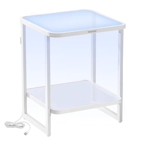 Image of VASAGLE Side Table, 2-Tier End Table with LED Lights, Modern Nightstand, Square Bedside Table, Frosted Glass, Bottom Shelf, for Living Room, Bedroom, Cloud White and Pearl White LET232W01