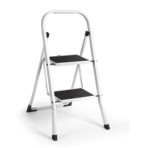 Image of VonHaus Step Ladder – Premium Quality Folding Step Ladder for DIY and Gardening - Durable Steel Step Ladder - Easy to Store Step Ladders, 150KG Max Capacity (White, 2 Step)