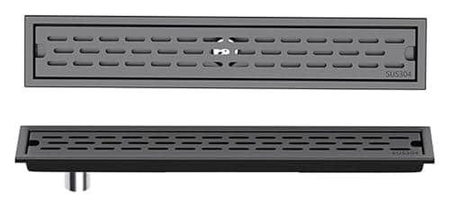 Image of 304 Stainless Steel Rectangle Shower Drain with Removable Cover Grid Grate, Floor Drainer with Hair Strainer for Kitchen Washroom Garage and Basement, Black(80cm/31'')