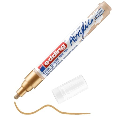 Image of edding 5100 acrylic marker medium - gold - 1 waterproof acrylic paint marker - round tip 2-3mm - acrylic paint pens for drawing on canvas, art paper and wood - acrylic markers for pebbles
