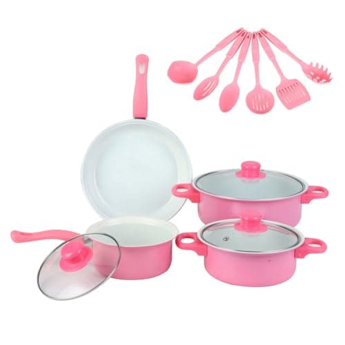 Image of 12Pcs Non Stick Cookware Set Cooking Pot Set with Lid for All Hob (Pink)