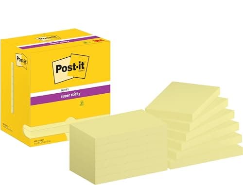 Image of Post-it Super Sticky Notes, 1080 Sheets, Value Pack of 12 Pads, 76 mm x 127 mm - Holds Strong to Many Surfaces - Canary Yellow - for Walls, Monitors and Fridge, Recycable