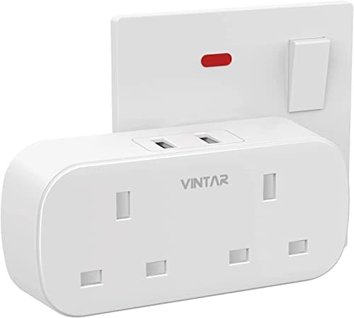 Image of VINTAR Double Plug Adaptor with 2 USB, 2 Way Plugs Extension Multi Sockets Wall Charger Adapter, 13A UK 3 Pin Power Socket for Bedroom, Office, Kitchen, White,1 pack