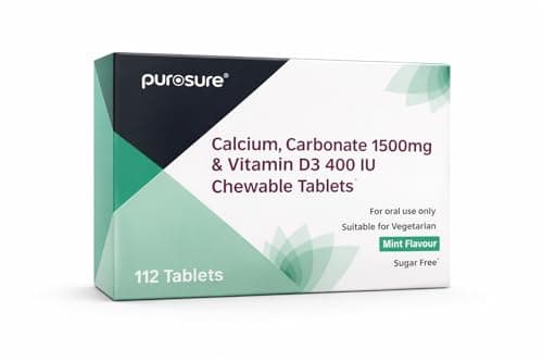 Image of PUROSURE Calcium Carbonate 1500mg with Vitamin D3 400 IU – Mint Flavour | 112 Chewable Tablets | High-Strength Bone & Teeth Support | Easy-to-Chew Calcium with D3