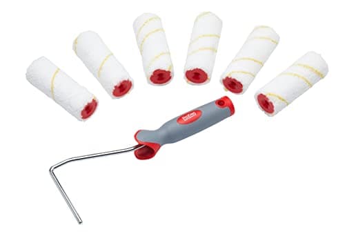 Image of ProDec Advance 7 Piece 4" Jumbo Core 4" Short Pile Microfibre Mini Paint Rollers for Emulsion, Gloss, Satin, Woodstains and Varnishes with Soft Grip Frame