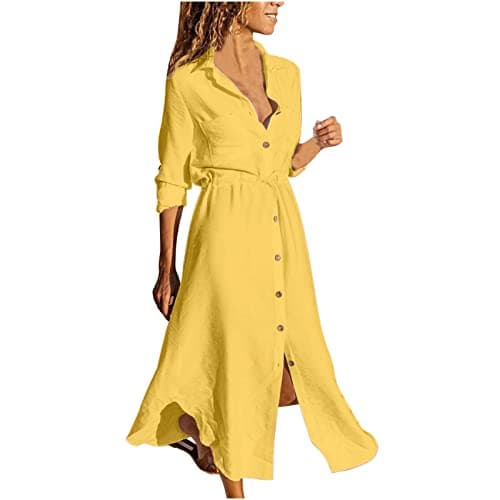 Image of Casual Dresses for Women Linen 3/4 Sleeve Shirt Dress Summer Maxi Tunic Sundress Cotton Sundresses Boho Sun Dresses Vintage Ladies Sundress UK Long Clothing for Daily Holiday Beach Yellow 3XL