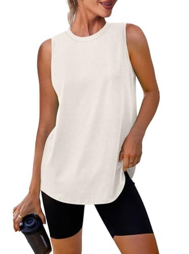Image of Athletic Vest Tops for Women High Neck Sleeveless Muscle Shirt Sports Tops Quick Dry Breathable Workout Running Tennis Yoga Gym Training Soft Stretchy Fitness Active Wear A-CreamyWhite Size 10-12