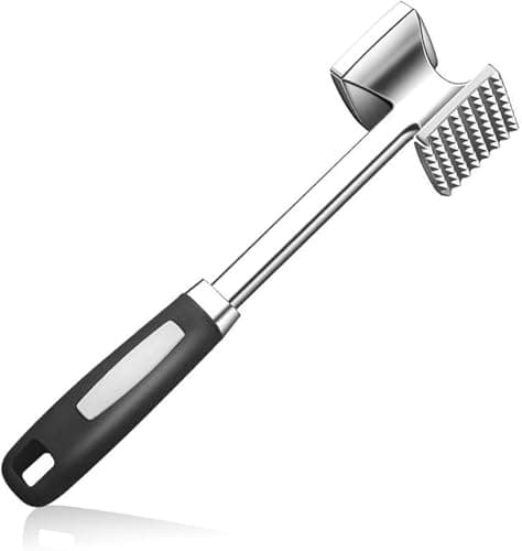 Image of Professional Meat Tenderiser Mallet, Double-Sided Metal Head, Stainless Steel with Black Ergonomic Handle (Metal, Silver)