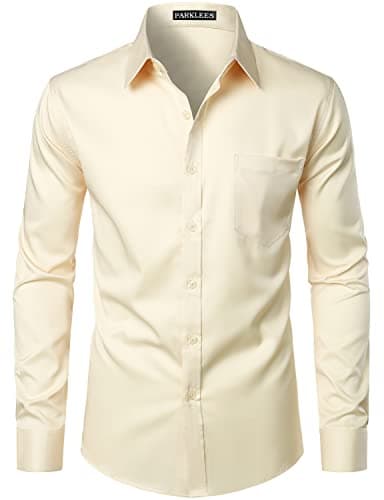 Image of PARKLEES Men's Urban Stylish Casual Business Slim Fit Long Sleeve Button Up Dress Shirt with Pocket EU-PZLCL29 Beige XX-Large