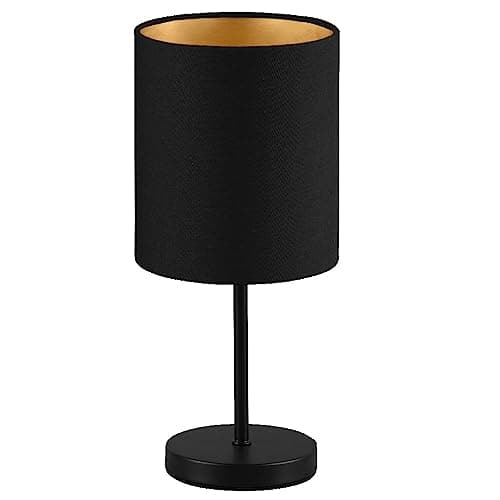 Image of Britalia Matt Black Slimline Metal Stem Table Desk Lamp with Fabric Cylinder Drum Shade | 28cm Height | 1 x SES E14 Lamp Bulb Required | UK Approved | Sleek & Simplistic Design