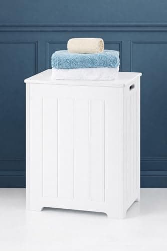 Image of Elegant Brands White Wooden Laundry Bin with Lid – 60L Slim Bathroom Laundry Basket with Tongue & Groove Style Panel and Cut-Out Handles – Freestanding Washing Hamper (54 x 40 x 30 cm)