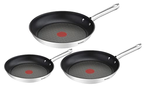 Image of Tefal A704S3 Duetto 3-Piece Frying Pan Set | 20, 24 and 28 cm | Non-Stick Coating | Built-in Temperature Indicator | Suitable for All Hob Types Including Induction | Stainless Steel/Black